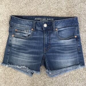 American Eagle Midi Jean Shorts Womens 6 Raw Hem Cutoff Blue Denim Super Stretch